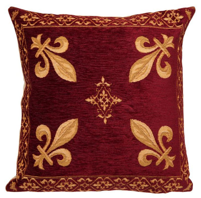 FLEUR DE LYS BURGUNDY RED Jacquard Woven Gobelin European Belgian Tapestry Throw Pillow Cases 18 X 18 square - Decorative Pillow Covers - Zippered Pillow Case - Belgium Tapestry Cushion Cases - French Royal Decor Fleur de Lys Art Lovers Gift Cushion Covers - French Art Gallery Gifts Home Decor - Belgium decorative Tapestry