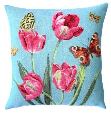 This TULIPS BUTTERFLY  Tapestry Pillow Cover is woven on a Jacquard loom (crafted with true traditional tapestry technique) with 100% high quality cotton thread, lined with a plain beige cotton backing and closes with a zipper. Size: 18" X 18"