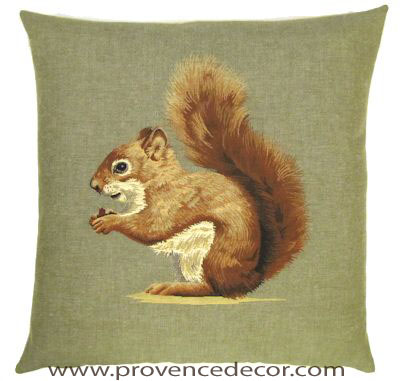 FOREST SQUIRREL Tapestry Pillow Covers are woven on a Jacquard loom (crafted with true traditional tapestry technique) with 100% high quality cotton thread, lined with a plain beige cotton backing and close with a zipper. Size: 18" X 18"