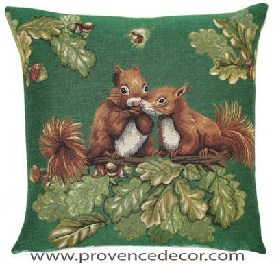 SQUIRREL COUPLE ON FOREST TREE Tapestry Pillow Covers are woven on a Jacquard loom (crafted with true traditional tapestry technique) with 100% high quality cotton thread, lined with a plain beige cotton backing and close with a zipper. Size: 18" X 18"