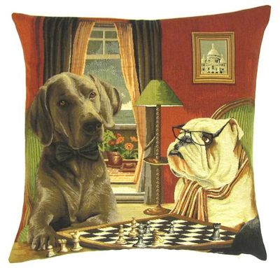 DOGS ENGLISH BULLDOG AND RHODESIAN RIDGEBACK PLAYING CHESS European Belgian Tapestry Throw Pillow Cases - Decorative 18 X 18 Square Pillow Covers - Zippered Throw Pillow Case - Jacquard Woven Belgium Tapestry Cushion Covers - Fun Dressed Dog Throw Cushions - Dog Lover Gift - Chess Game Room Home Decor Gifts