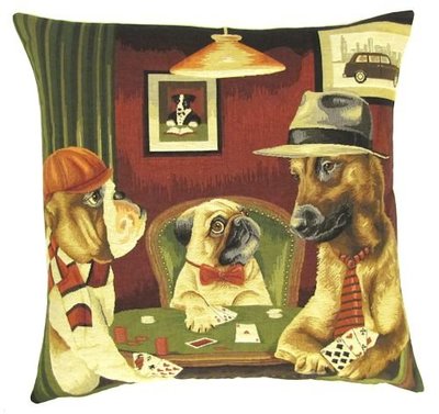 DOGS ENGLISH BULLDOG, PUG AND RHODESIAN RIDGEBACK PLAYING POKER European Belgian Tapestry Throw Pillow Cases - Decorative 18 X 18 Square Pillow Covers - Zippered Throw Pillow Case - Jacquard Woven Belgium Tapestry Cushion Covers - Fun Dressed Dog Throw Cushions - Dog Lover Gift - Poker Game Room Home Decor Gifts