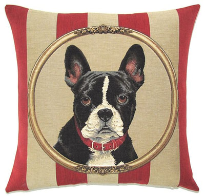 DOG BOSTON TERRIER PORTRAIT Belgian Tapestry Throw Pillow Cases - Decorative 18 X 18 Square Pillow Covers - Zippered Throw Pillow Case - Jacquard Woven Belgium Tapestry Cushion Covers - Fun Dressed Dog Throw Cushions - Dog Lover Gift - Boston Terrier Home Decor Gifts