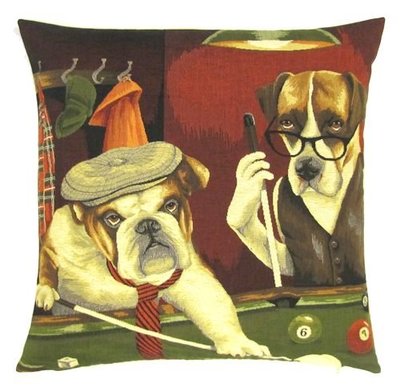 DOGS ENGLISH BULLDOG AND BOXER PLAYING POOL European Belgian Tapestry Throw Pillow Cases - Decorative 18 X 18 Square Pillow Covers - Zippered Throw Pillow Case - Jacquard Woven Belgium Tapestry Cushion Covers - Fun Dressed Dog Throw Cushions - Dog Lover Gift - Pool Billiard Game Room Home Decor Gifts