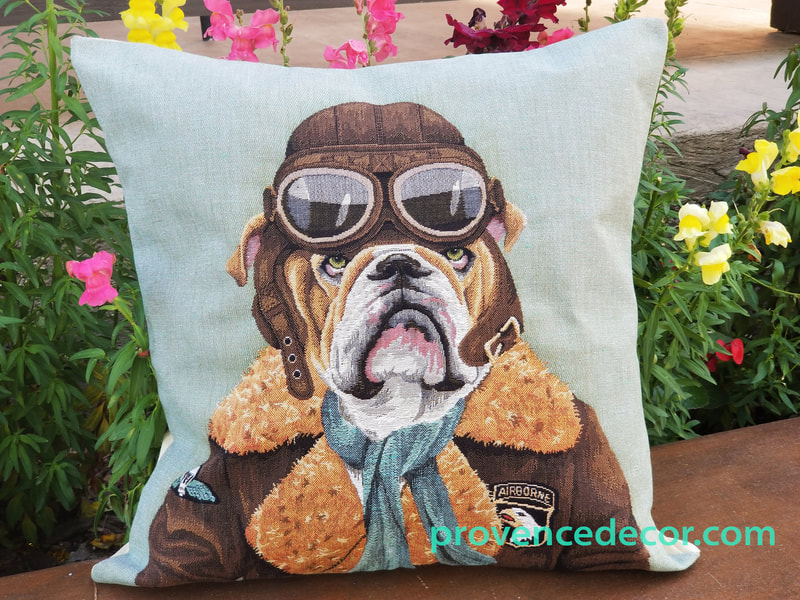 VINTAGE ENGLISH BULLDOG AVIATOR Authentic European Art Tapestry Decorative Throw Pillow Cases - Dog Pilot Airborne Lovers Cushion Covers - Dog Air Force Aviator Gifts