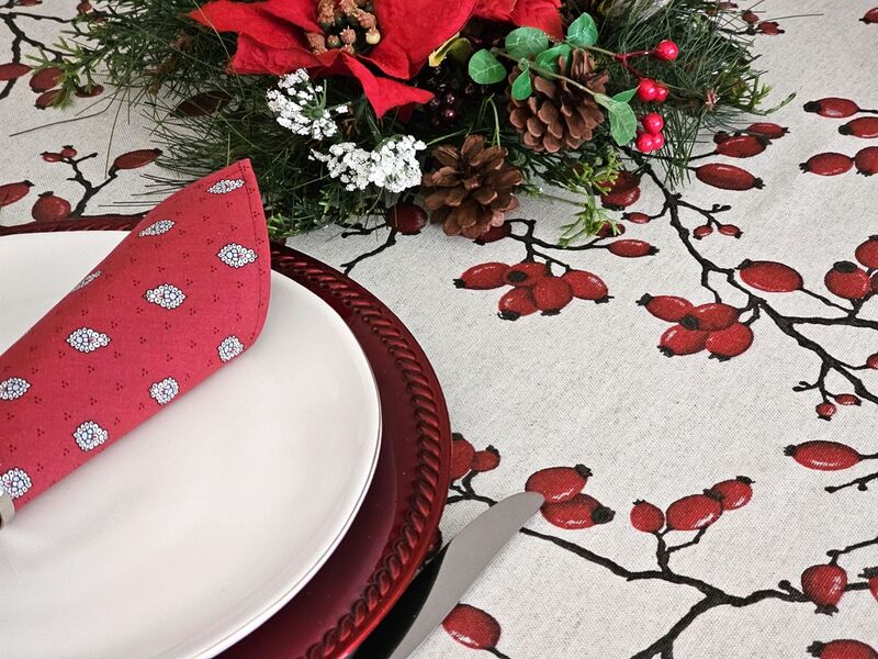 WINTERBERRY HOLLY Acrylic Cotton Coated Christmas Tablecloths - French Oilcloth Indoor Outdoor Christmas Party Table Cover - Stain Resistant Wipe off fabric - Elegant XMAS Home Decor Gifts