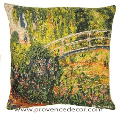 The JAPANESE BRIDGE Tapestry Cushion is a replica of Claude Monet's famous artwork in Tapestry. The details are exquisite, looks like a real painting. These gorgeous Jacquard Tapestry Throw Pillow Cases are the authentic GOBELIN Tapestry woven with 100% high quality cotton, lined with a soft beige velvet backing and close with a zipper. Size: 18" X 18"