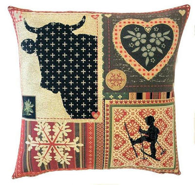 This MOUNTAIN HOUSE COW Tapestry Pillow Cover is woven on a Jacquard loom (crafted with true traditional tapestry technique) with 100% high quality cotton thread, lined with a plain beige cotton backing and closes with a zipper. Size: 18" X 18"