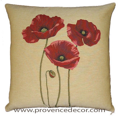 This THREE POPPIES BEIGE Tapestry Pillow Cover is woven on a Jacquard loom (crafted with true traditional tapestry technique) with 100% high quality cotton thread, lined with a plain beige cotton backing and closes with a zipper. Size: 18" X 18"
