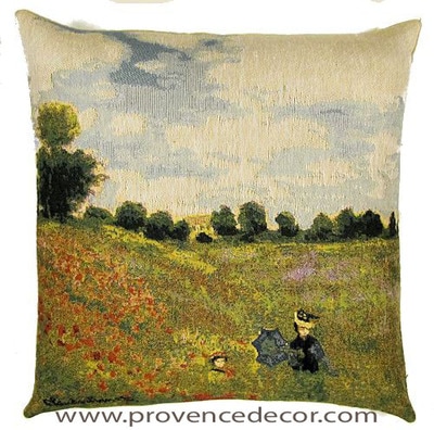 The POPPY FIELD Tapestry Cushion is a replica of Claude Monet's famous artwork in Tapestry. The details are exquisite, looks like a real painting. These gorgeous Jacquard Tapestry Throw Pillow Cases are the authentic GOBELIN Tapestry woven with 100% high quality cotton, lined with a soft beige velvet backing and close with a zipper. Size: 18" X 18"