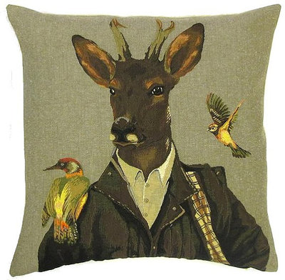 FOREST DEER IN COAT AND BIRDS Belgian Tapestry Throw Pillow Cases - Decorative 18 X 18 Square Pillow Covers - Zippered Throw Pillow Case - Jacquard Woven Belgium Tapestry Cushion Covers - Fun Forest Animals Throw Cushions - Mountain House Forest Ranger Deer Stag Birds Home Decor Gifts