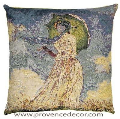 The WOMAN PARASOL Tapestry Cushion is a replica of Claude Monet's famous artwork in Tapestry. The details are exquisite, looks like a real painting. These gorgeous Jacquard Tapestry Throw Pillow Cases are the authentic GOBELIN Tapestry woven with 100% high quality cotton, lined with a soft beige velvet backing and close with a zipper. Size: 18" X 18"