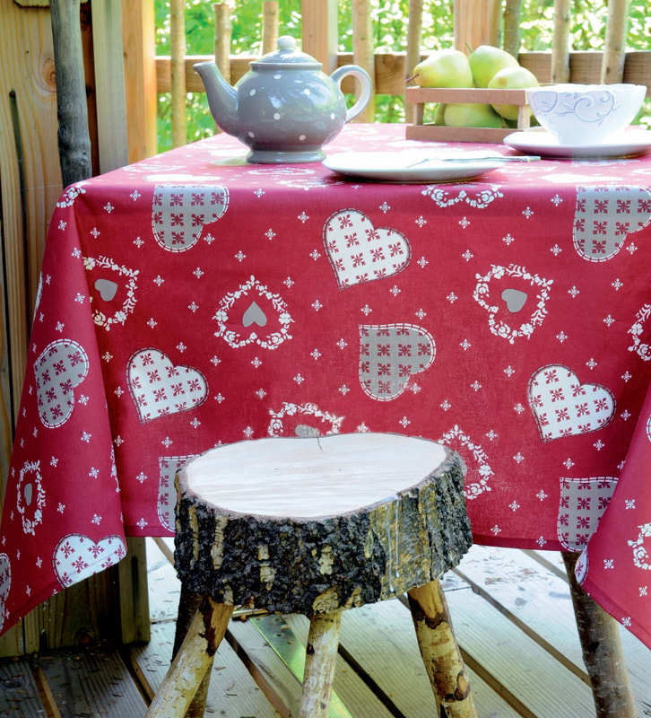 FRENCH COUNTRY LOVE RED Acrylic Coated Stain Proof Tablecloth - French Provence Oilcloth Tablecloths - French Farm House Table Decor - Home Decor Gifts
