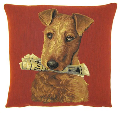 DOG FOX TERRIER HOLDING NEWSPAPER Tapestry Pillow Covers are woven on a Jacquard loom (crafted with true traditional tapestry technique) with 100% high quality cotton thread, lined with a plain beige cotton backing and close with a zipper. Size: 18" X 18"