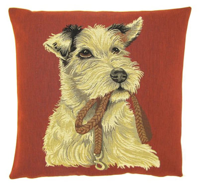 DOG PARSON RUSSELL TERRIER HOLDING LEASH Tapestry Pillow Covers are woven on a Jacquard loom (crafted with true traditional tapestry technique) with 100% high quality cotton thread, lined with a plain beige cotton backing and close with a zipper. Size: 18" X 18"