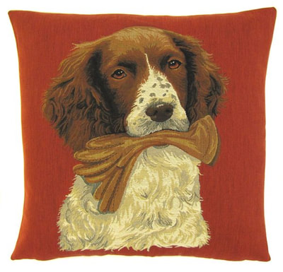DOG SPRINGER SPANIEL HOLDING GLOVE Tapestry Pillow Covers are woven on a Jacquard loom (crafted with true traditional tapestry technique) with 100% high quality cotton thread, lined with a plain beige cotton backing and close with a zipper. Size: 18" X 18"