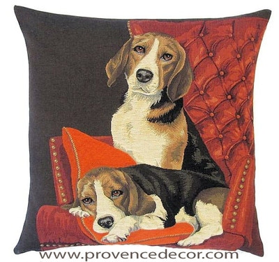 DOGS BEAGLES ON THE COUCH - SOFA European Belgian Tapestry Throw Pillow Cases - Decorative 18 X 18 Square Pillow Covers - Zippered Throw Pillow Case - Jacquard Woven Belgium Tapestry Cushion Covers - Fun Dressed Dog Throw Cushions - Dog Lover Gift - Beagles Dog Lover Home Decor Gifts