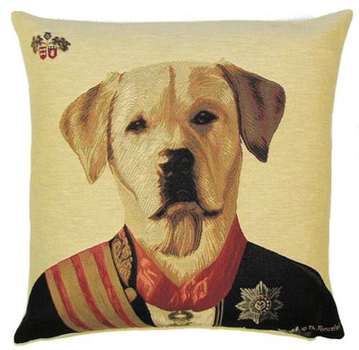 DOG ARISTO YELLOW LABRADOR Tapestry Pillow Covers are woven on a Jacquard loom (crafted with true traditional tapestry technique) with 100% high quality cotton thread, lined with a plain beige cotton backing and close with a zipper. Size: 18" X 18"