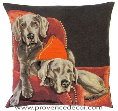 DOGS WEIMARANERS ON THE COUCH - SOFA European Belgian Tapestry Throw Pillow Cases - Decorative 18 X 18 Square Pillow Covers - Zippered Throw Pillow Case - Jacquard Woven Belgium Tapestry Cushion Covers - Fun Dressed Dog Throw Cushions - Dog Lover Gift - Weimaraner Dog Lover Home Decor Gifts