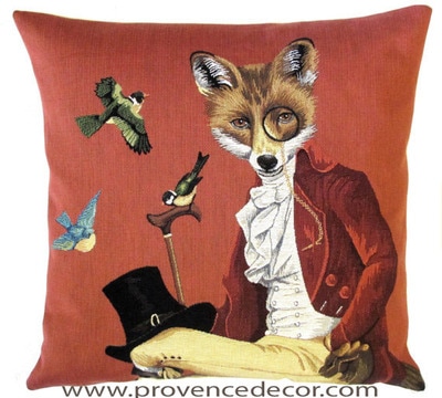 FOX WITH ANTIQUE MONOCLE 1700's Belgian Tapestry Throw Pillow Cases - Decorative 18 X 18 Square Pillow Covers - Zippered Throw Pillow Case - Jacquard Woven Belgium Tapestry Cushion Covers - Fun Forest Animals Throw Cushions - Mountain House Forest Fox antique Vintage Gentleman Home Decor Gifts