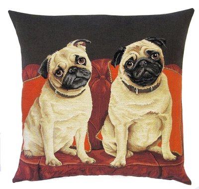 DOGS PUGS ON THE COUCH - SOFA European Belgian Tapestry Throw Pillow Cases - Decorative 18 X 18 Square Pillow Covers - Zippered Throw Pillow Case - Jacquard Woven Belgium Tapestry Cushion Covers - Fun Dressed Dog Throw Cushions - Dog Lover Gift - Pugs Lover Home Decor Gifts