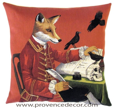 FOX WRITER inspired by SHAKESPEARE HAMLET PLAY Belgian Tapestry Throw Pillow Cases - Decorative 18 X 18 Square Pillow Covers - Zippered Throw Pillow Case - Jacquard Woven Belgium Tapestry Cushion Covers - Fun Forest Animals Throw Cushions - Mountain House Forest Fox antique Vintage Writer Home Decor Gifts