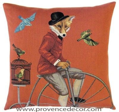 FOX ON ANTIQUE BICYCLE - PENNY FARTHING - HIGH WHEELER 1800's Belgian Tapestry Throw Pillow Cases - Decorative 18 X 18 Square Pillow Covers - Zippered Throw Pillow Case - Jacquard Woven Belgium Tapestry Cushion Covers - Fun Forest Animals Throw Cushions - Mountain House Forest Fox antique Vintage Bicycle Home Decor Gifts