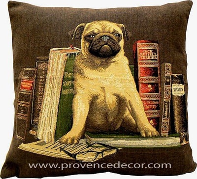 DOG PUG ANTIQUE BOOKS LIBRARY BROWN European Belgian Tapestry Throw Pillow Cases - Decorative 18 X 18 Square Pillow Covers - Zippered Throw Pillow Case - Jacquard Woven Belgium Tapestry Cushion Covers - Fun Dressed Dog Throw Cushions - Dog Lover Gift - Pugs Library Books Teacher Student Graduation Home Decor Gifts