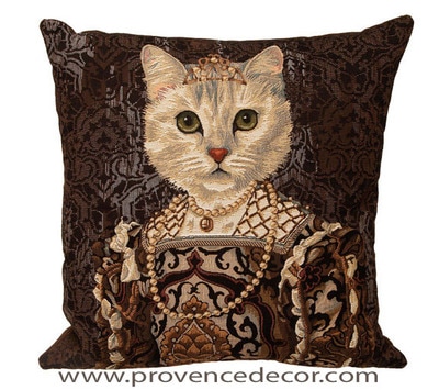 The CAT QUEEN ISABEL DE BOURBON Tapestry Cushion Cover is a characterization of Queen Isabel de Bourbon - Spain. It is the authentic GOBELIN Tapestry woven with 100% high quality cotton, lined with a soft beige velvet backing and close with a zipper. Size: 18" X 18"