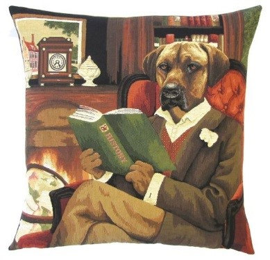 DOG RHODESIAN RIDGEBACK IN LIBRARY European Belgian Tapestry Throw Pillow Cases - Decorative 18 X 18 Square Pillow Covers - Zippered Throw Pillow Case - Jacquard Woven Belgium Tapestry Cushion Covers - Fun Dressed Dog Throw Cushions - Dog Lover Gift - Rhodesian Library Books Teacher Student Graduation Home Decor Gifts