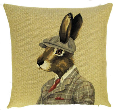 RABBIT WITH FRENCH BERET PARIS FASHION Tapestry Pillow Covers are woven on a Jacquard loom (crafted with true traditional tapestry technique) with 100% high quality cotton thread, lined with a plain beige cotton backing and close with a zipper. Size: 18" X 18"