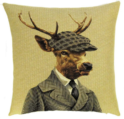 DEER WITH FRENCH BERET PARIS FASHION Belgian Tapestry Throw Pillow Cases - Decorative 18 X 18 Square Pillow Covers - Zippered Throw Pillow Case - Jacquard Woven Belgium Tapestry Cushion Covers - Fun Forest Animals Throw Cushions - Mountain House Forest Deer Stag Gentleman Paris Home Decor Gifts
