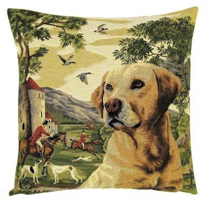DOG YELLOW LABRADOR FOREST FOX HUNTER Belgian Tapestry Throw Pillow Cases - Decorative 18 X 18 Square Pillow Covers - Zippered Throw Pillow Case - Jacquard Woven Belgium Tapestry Cushion Covers - Fun Dressed Dog Throw Cushions - Dog Lover Gift - Labrador Hunter Castle Medieval Renaissance Home Decor Gifts