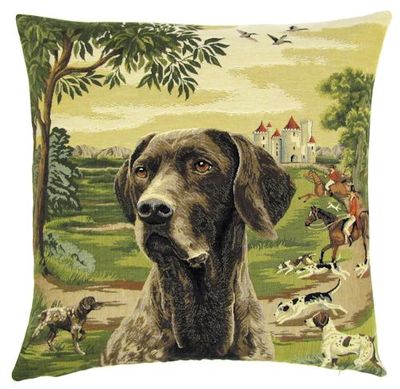 DOG BLACK LABRADOR FOREST FOX HUNTER Belgian Tapestry Throw Pillow Cases - Decorative 18 X 18 Square Pillow Covers - Zippered Throw Pillow Case - Jacquard Woven Belgium Tapestry Cushion Covers - Fun Dressed Dog Throw Cushions - Dog Lover Gift - Labrador Hunter Castle Medieval Renaissance Home Decor Gifts