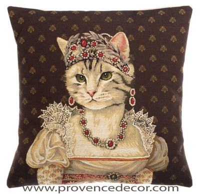 The CAT PRINCESS JOSEPHINE CHARLOTTE OF BELGIUM  Tapestry Cushion Cover is a characterization of Princess Josephine Charlotte of Belgium.
It is the authentic GOBELIN Tapestry woven with 100% high quality cotton, lined with a soft beige velvet backing and close with a zipper. Size: 18" X 18"