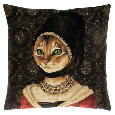 The PORTRAIT OF A YOUNG CAT European Gobelin Jacquard Tapestry Cushion Cover is a characterization of the painting "Portrait of a Young Woman" by Petrus Christus. It  is  woven with 100% high quality cotton, lined with a soft beige velvet backing and close with a zipper. Size: 18" X 18"