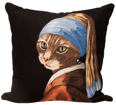 The "Cat with a Pearl Earring" Tapestry Cushion Cover is a characterization of the painting "Girl with a Pearl Earring" by Johannes Vermeer. It is woven with 100% high quality cotton, lined with a soft beige velvet backing and close with a zipper. Size: 18" X 18"