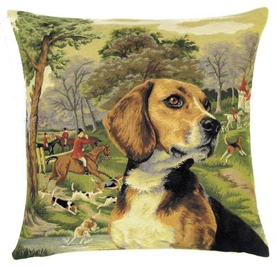 DOG BEAGLE FOX HUNTER Belgian Tapestry Throw Pillow Cases - Decorative 18 X 18 Square Pillow Covers - Zippered Throw Pillow Case - Jacquard Woven Belgium Tapestry Cushion Covers - Fun Dressed Dog Throw Cushions - Dog Lover Gift - Beagle Hunter Castle Medieval Renaissance Home Decor Gifts
