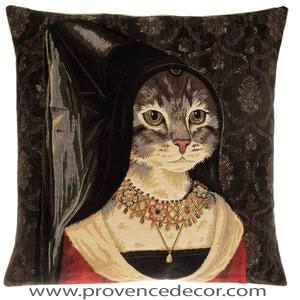The CAT TRUE LOVE Tapestry Cushion Cover is a characterization of the Portrait "Diptych with the Allegory of True Love" by Hans Memling. These gorgeous Jacquard Tapestry Throw Pillow Cases are the authentic GOBELIN Tapestry woven with 100% high quality cotton, lined with a soft beige velvet backing and close with a zipper. Size: 18" X 18"
