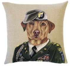 DOG LABRADOR RANGER Tapestry Pillow Covers are woven on a Jacquard loom (crafted with true traditional tapestry technique) with 100% high quality cotton thread, lined with a plain beige cotton backing and close with a zipper. Size: 18" X 18"