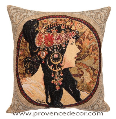 The BYZANTINE BRUNETTE  Tapestry Cushion is a replica of Alphonse Mucha's famous artwork in Tapestry. The details are exquisite, looks like a real painting. These gorgeous Jacquard Tapestry Throw Pillow Cases are the authentic GOBELIN Tapestry woven with 100% high quality cotton, lined with a soft beige velvet backing and close with a zipper. Size: 18" X 18"