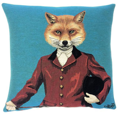 LORD FOX WITH HAT BLUE Jacquard Woven European Belgian Tapestry Throw Pillow Cases - Decorative Pillow Covers - Zippered Throw Pillow Case - Fun Fox Lovers Throw Cushion Covers - Forest Animal Lovers Gift - Gifts Home Decor