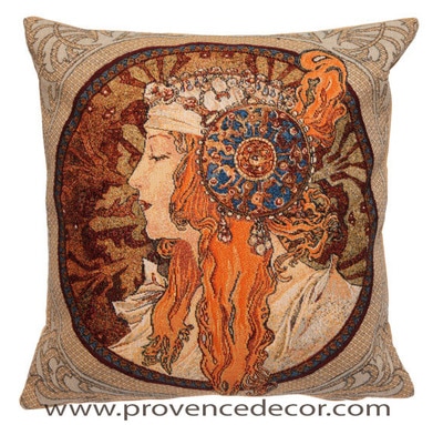 The BYZANTINE BLONDE  Tapestry Cushion is a replica of Alphonse Mucha's famous artwork in Tapestry. The details are exquisite, looks like a real painting. These gorgeous Jacquard Tapestry Throw Pillow Cases are the authentic GOBELIN Tapestry woven with 100% high quality cotton, lined with a soft beige velvet backing and close with a zipper. Size: 18" X 18"