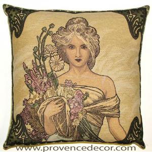 The SPRING Tapestry Cushion is a replica of Alphonse Mucha's famous artwork in Tapestry. The details are exquisite, looks like a real painting. These gorgeous Jacquard Tapestry Throw Pillow Cases are the authentic GOBELIN Tapestry woven with 100% high quality cotton, lined with a soft beige velvet backing and close with a zipper. Size: 18" X 18"