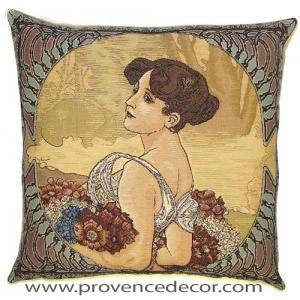 The SUMMER Tapestry Cushion is a replica of Alphonse Mucha's famous artwork in Tapestry. The details are exquisite, looks like a real painting.​ These gorgeous Jacquard Tapestry Throw Pillow Cases are the authentic GOBELIN Tapestry woven with 100% high quality cotton, lined with a soft beige velvet backing and close with a zipper. Size: 18" X 18"