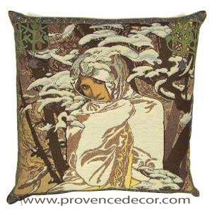 The WINTER Tapestry Cushion is a replica of Alphonse Mucha's famous artwork in Tapestry. The details are exquisite, looks like a real painting. These gorgeous Jacquard Tapestry Throw Pillow Cases are the authentic GOBELIN Tapestry woven with 100% high quality cotton, lined with a soft beige velvet backing and close with a zipper. Size: 18" X 18"
