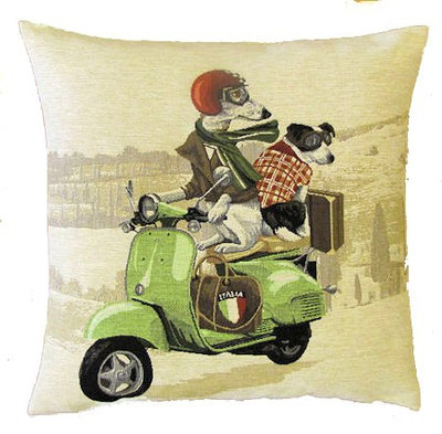 DOGS WHIPPET AND JACK RUSSELL ON GREEN VESPA - SCOOTER European Belgian Tapestry Throw Pillow Cases - Decorative 18 X 18 Pillow Covers - Zippered Throw Pillow Case - Jacquard Woven Belgium Tapestry Cushion Covers - Fun Dressed Dog Throw Cushions - Dog Lover Gift - Antique Classic Motorcycles Home Decor