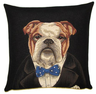 DOG BULLDOG WINSTON CHURCHILL IN SUIT - Belgian Tapestry Throw Pillow Cases - Decorative 18 X 18 Square Pillow Covers - Zippered Throw Pillow Case - Jacquard Woven Belgium Tapestry Cushion Covers - Fun Dressed Dog Throw Cushions - Dog Lover Gift - Bulldog Home Decor Gifts