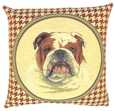 DOG FASHION ENGLISH BULLDOG RED Tapestry Pillow Covers are woven on a Jacquard loom (crafted with true traditional tapestry technique) with 100% high quality cotton thread, lined with a plain beige cotton backing and close with a zipper. Size: 18" X 18"