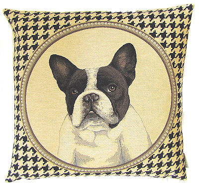 DOG FASHION BOSTON TERRIER BLACK Tapestry Pillow Covers are woven on a Jacquard loom (crafted with true traditional tapestry technique) with 100% high quality cotton thread, lined with a plain beige cotton backing and close with a zipper. Size: 18" X 18"